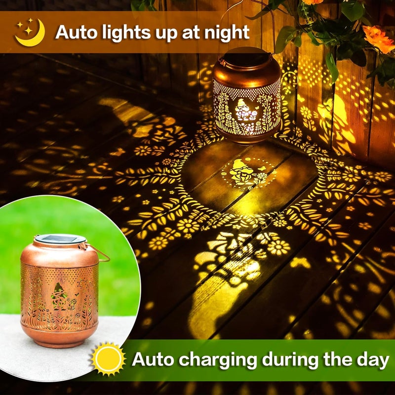 EZTZEN 2 Pack Gnomes Solar Lanterns Outdoor Waterproof Hanging Solar Lights Gnomes Gifts for Women Men Mom Metal Decorative LED Outdoor Lanterns for Patio, Lawn, Landscape, Garden Decor, Yard Decorations - Image 4